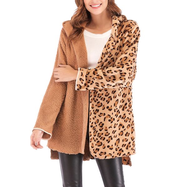 

jacket zipper casual long sleeves fashion womens winter fleece splice leopard print warm coat, Black