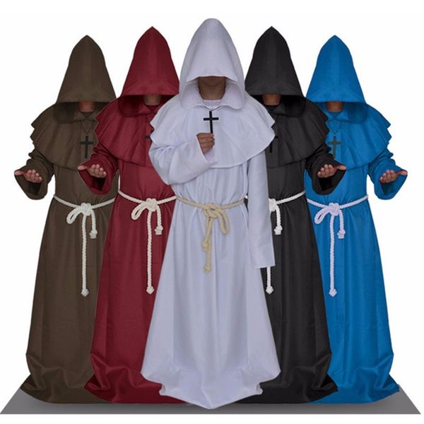 

halloween monk hooded robes cloak cape friar medieval renaissance priest cosplay costume suit for christmas and party, Black;red