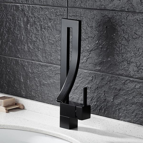 

Black Brass Basin Faucet Single Handle Waterfall Basin Mixer Tap Hot And Cold Bathroom Faucet Sink Waterfall Faucet