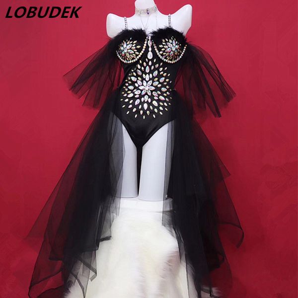 Glitzernder Kristall-Body, schwarzer rosa Feder-Overall mit Schwanzgarn, sexy Damen-Nachtclub-DJ-DS-Kostüm, Party-Tänzerin, Bühnenkleidung, Tanz-Outfit