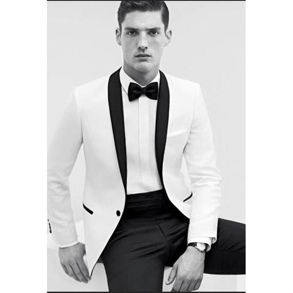 Os recém-chegados de um botão noivo branco smoking xaile lapela groomsmen melhor homem blazer ternos de casamento dos homens (jaqueta + calça + gravata) d: 109