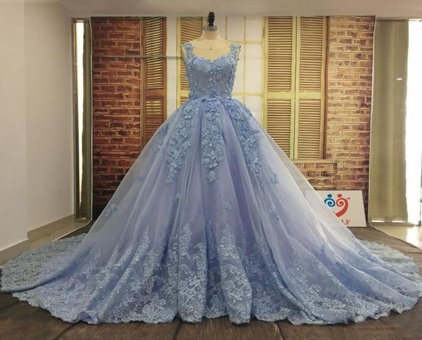 

real picture luxury ball gown wedding dresses sheer neck 3d flowers lace appliques corset back colored bridal gowns long train, White