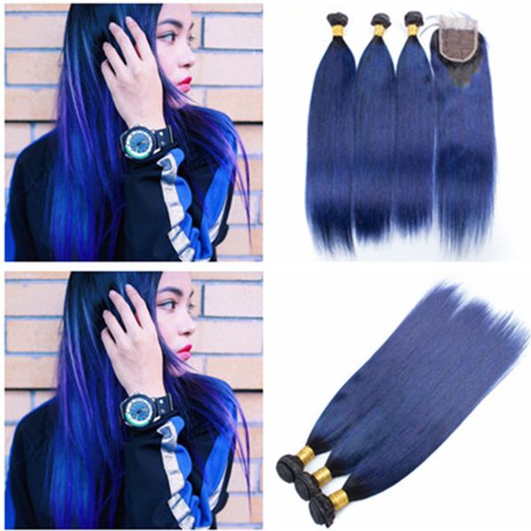 Черный и темно-синий Ombre перуанский человеческих волос 3Bundles с закрытием прямой #1B/синий Ombre девственные волосы ткет с 4x4 передние кружева закрытия