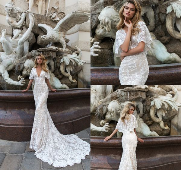 

русалка 2019 лимор розен свадебные платья кружевные аппликации 1/2 рукава vestidos de novia глубокий v sheer шеи, White