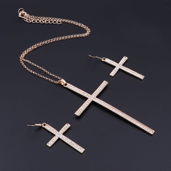 

cross rhinestone necklace and earrings set silver chain pendant jewelry set for women wedding new arrival, Slivery;golden