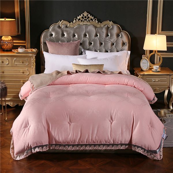 

2018 solid pink lace border лоскутное одеяло silk cotton жаккард полиэстер твин полный queen king size winter стеганое одеяло