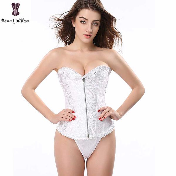 Zipper Lace Up Corsetto da sposa bianco Overbust Corsetto Lingerie Sexy Bustino da sposa Corpetto Floreale Elastico disossato Corsetto in vita