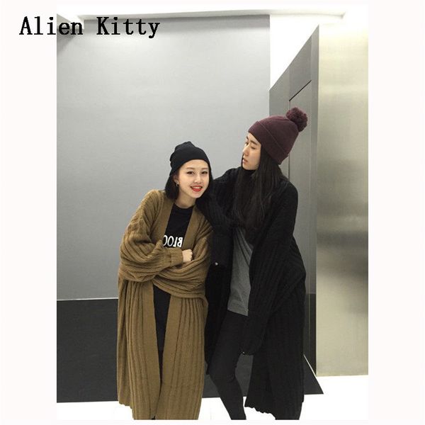 

alien kitty 2018 warm autumn winter sweater female loose cardigan long section knitted casual jacket drop shoulders solid color, White;black