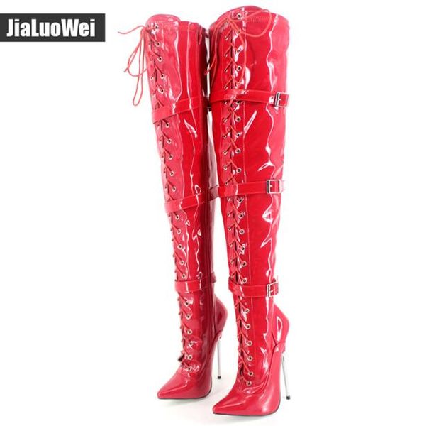 

2018 stage show 18cm black patent leather metal spike heel fetish buckle strap thigh high boots long boot plus size 36-46