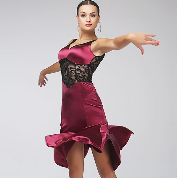 Burgund Erwachsener / Mädchen Latin Dance Kleid Salsa Tango Cha Cha Ballsaal Wettbewerb Tanzkleid Lace Stitching Sexy Sleeveless Fishtail Dress