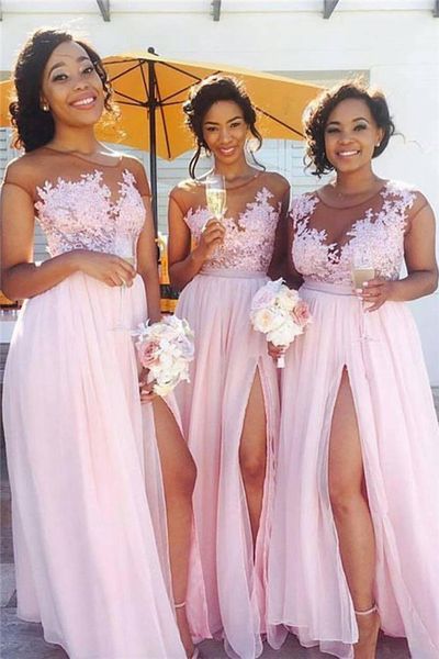 

pink lace chiffon bridesmaid dresses 2018 sheer neck splits long dress for maid of honor dress zipper back floor length evening gown, Blue;red