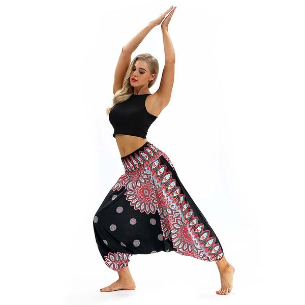 

2020 women lantern pants excercise yoga sports ethnic wide legs pants thailand elastic dancing loose fitting beach trousers ing, White;red