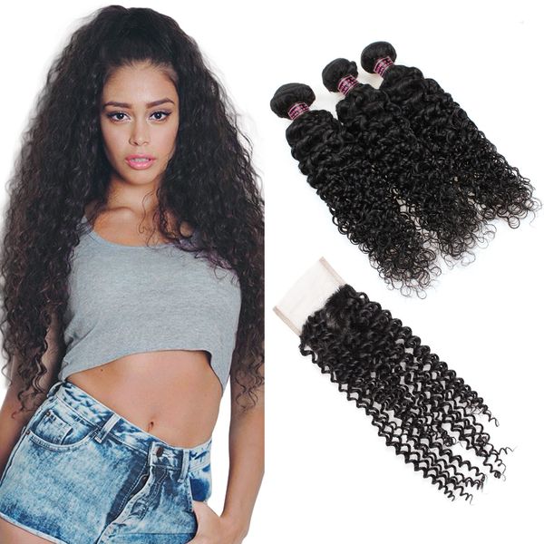 

3 bundles ishow human hair curly brazilian virgin hair with closure wholesale price 100% human hair with closure natural color 1b ship, Black