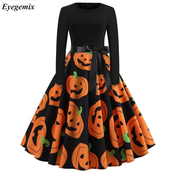 

halloween party dress women winter long sleeve elegant vintage dresses plus size pumpkin patchwork midi autumn dress vestidos, White;black