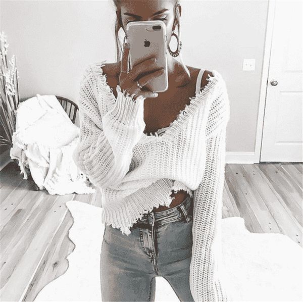 

wkoud 2018 winter solid deep v-neck sweaters women black white knitted pullovers casual long sleeve tassel sweaters loose m8068, White;black