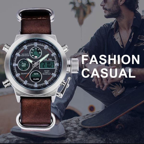 

fashion sport waterproof digital date wrist quartz dual alarm chronograph goldenhour watch time watches men rwthb, Slivery;brown