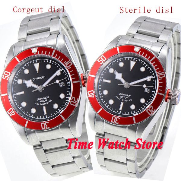 

corgeut 41mm men's watch black dial luminous sapphire glass red bezel solid metal bracelet miyota automatic wrist watch men co98, Slivery;brown