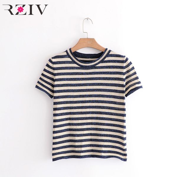 

rziv 2018 autumn female casual striped t-shirt round neck short sleeve knit t-shirt, White