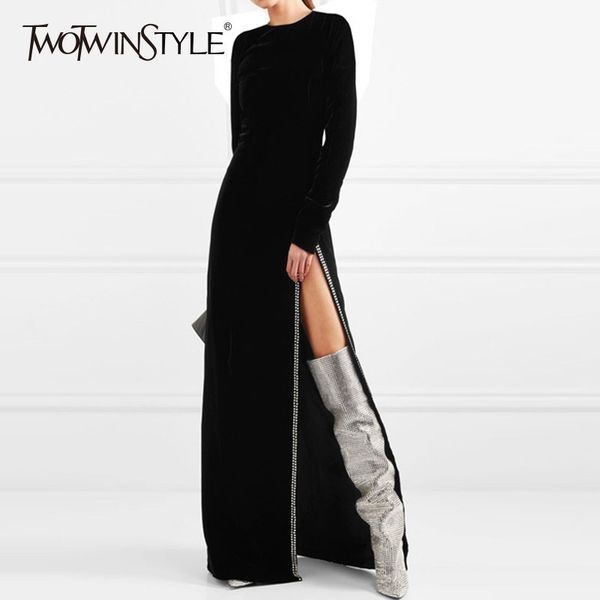 

twotwinstyle velvet vintage maxi dress women long sleeve side split party dresses female fashion clothes 2018 autumn new, Black