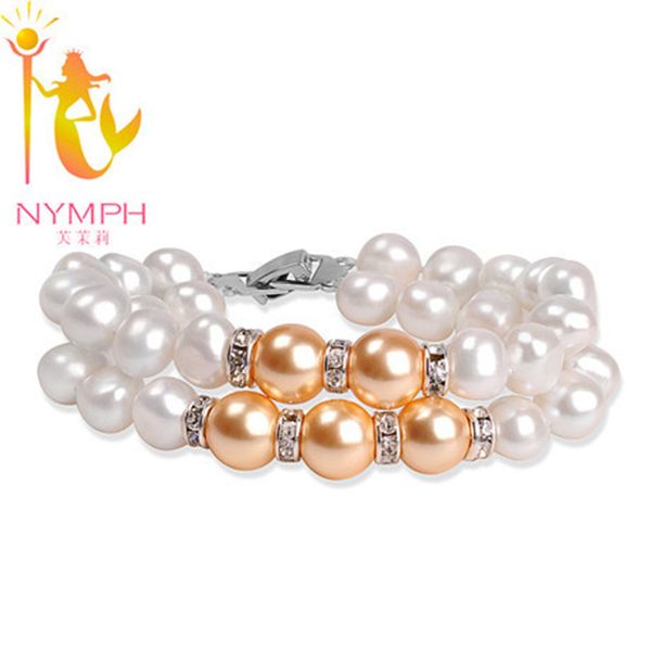 

nymph brand new fine design created natural pearl bracelet 2rows 9-10mm button pearls vintage fine jewelry slsc, Golden;silver