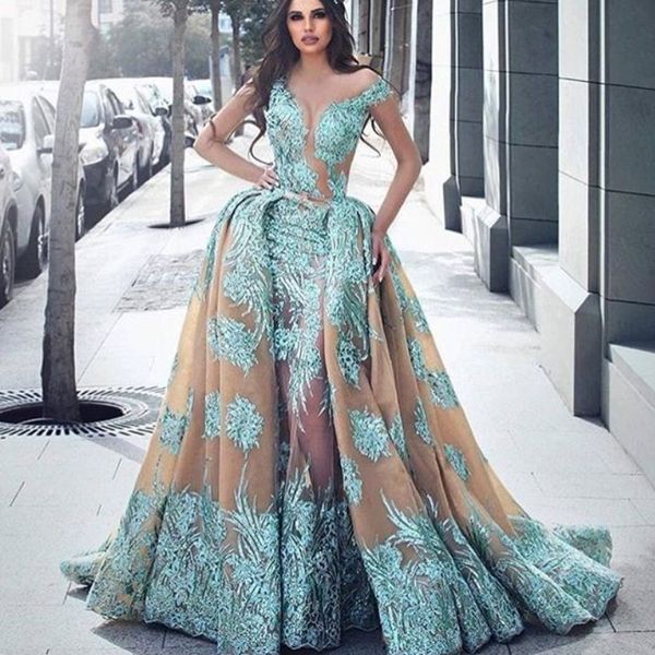 Fabulous Съемные Overskirt Вечерние платья Sexy с плеча шнурка Аппликация Русалка Вечерние платья Мода Аравия Vestidos De Fiesta