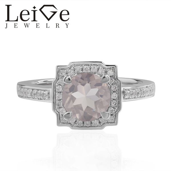 

leige jewelry real pink quartz rings pink gemstone round cut halo promising rings for woman 925 sterling silver, Golden;silver