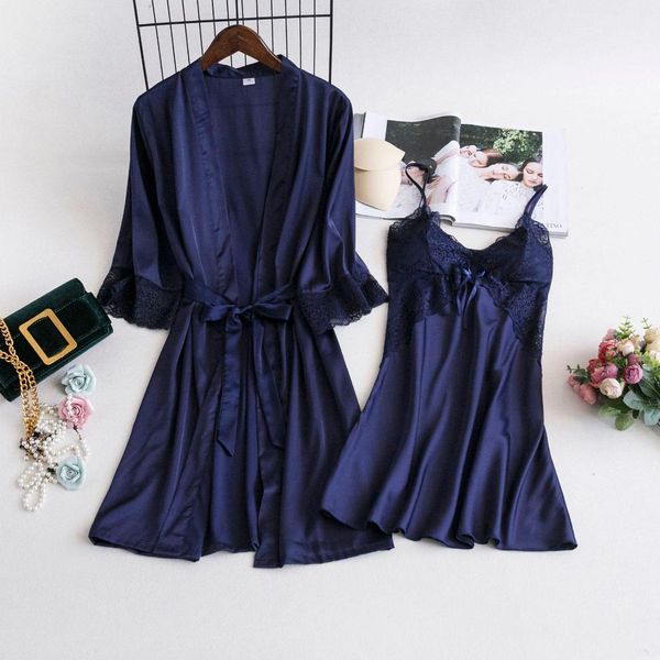 

female rayon 2pcs sleepwear women robe set kimono bath gown lace nightgown spring summer nightdress lounge home clothes, Black;red