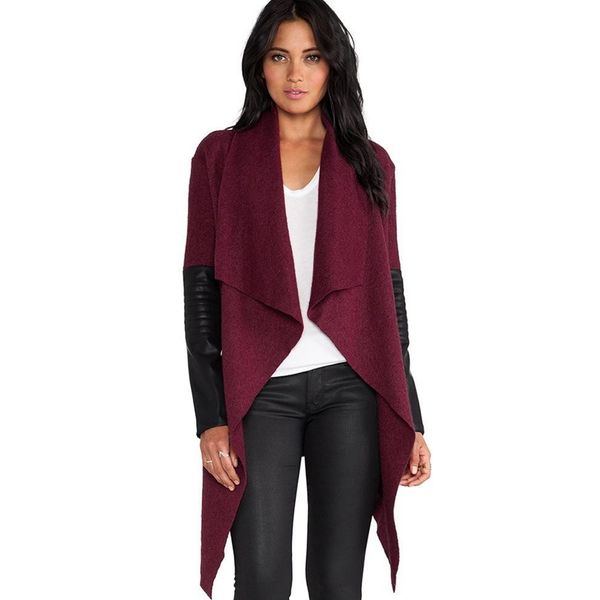 

autumn women's leather sleeve irregular cardigan long sleeve belt woolen female windbreaker pu leather jacket for women coats, Black