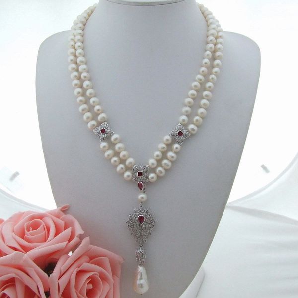 

hand knotted 53-55cm 2rows 7-8mm natural white freshwater cultured pearl sweater chain pendant necklace fashion jewelry, Silver