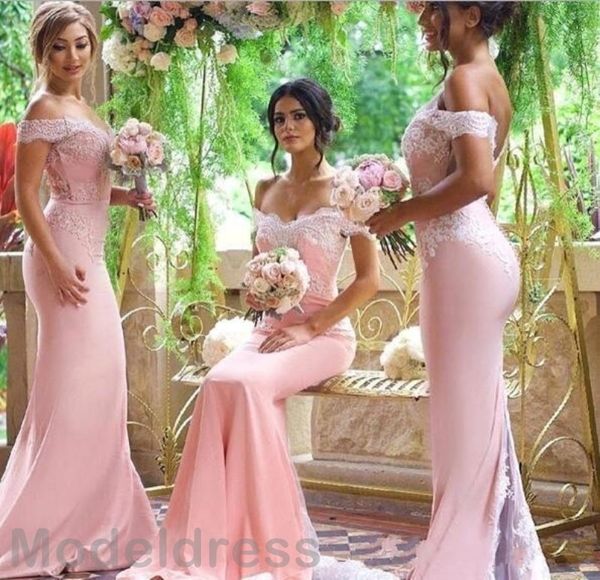 

Blush Pink Mermaid Bridesmaid Dresses 2018 Off Shoulder Sweetheart Backless Sweep Train Cheap Real Images Wedding Guest Party Gowns Custom