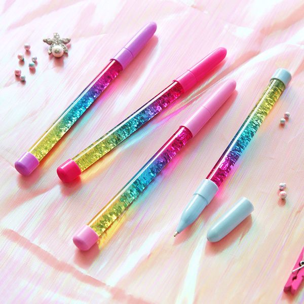 

novelty 0.5mm creative rainbow color ball pen fairy stick ballpoint pen drift sand glitter crystal papeterie for girl gift, Blue;orange