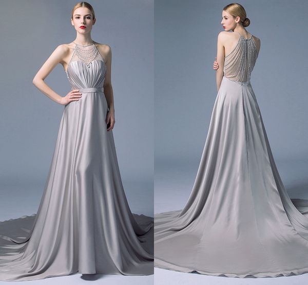 

2019 fashion silver halter beading long evening dress with sweep train satin evening gowns vestido de festa prom party dress, Black;red