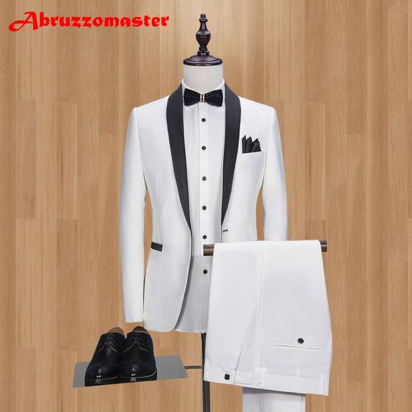 

men suit white tuxedo with black lapel wedding suit for man ternos masculino slim fit mens suits prom groom party (jacket+pant, White;black