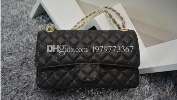 

2018 Women's Shoulder Bag 25.5cm Black Caviar Leather Flap Bag Women's Genuine Leather Fashion Handbags classic 1112 Bag Real Leather