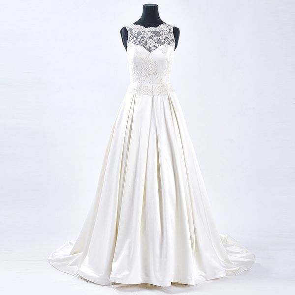 

satin with appliques a line wedding dresses 2019 backless floor length bridal gowns ivory marriage dress, White