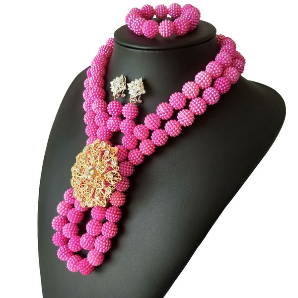 

new 2 layer pink pearl ball necklace nigerian wedding beads jewelry set 2018 african bridal beads women party jewelry yah-1, Silver