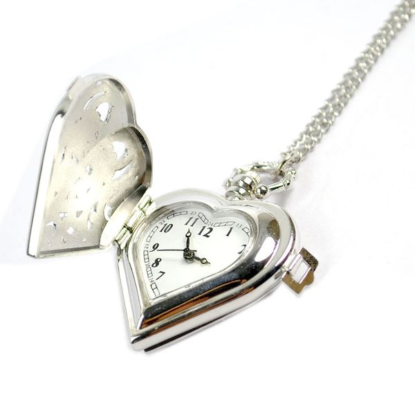 

wholesale 100pcs/lot heart hollow pocket watch pocket watch dial pendant necklace chain quartz pocket watch pw070, Slivery;golden