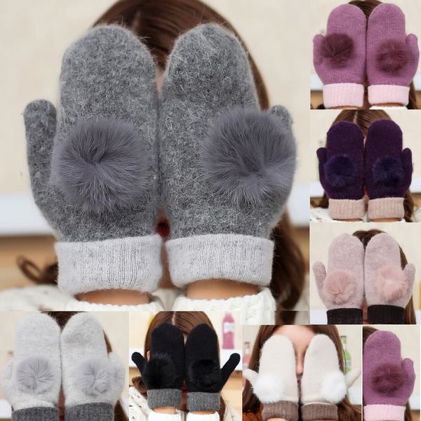 

fashion women' gloves for winter and autumn wool mittens gloves with lovely fur ball outdoor sport warm winter gloves a, Blue;gray