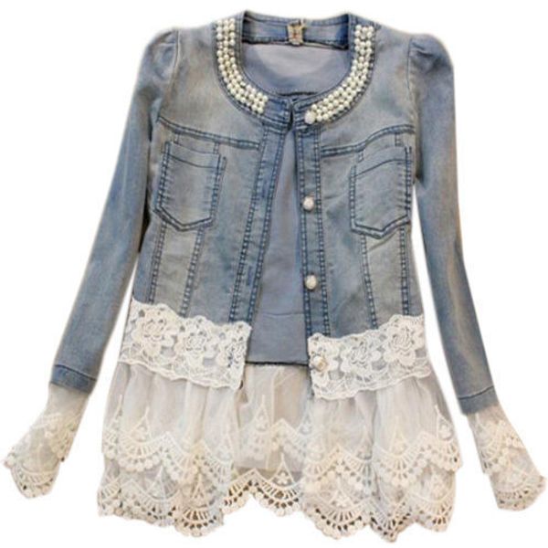 

new winter women pearl neck denim jeans jacket coat lace splicing jacket outwear, Tan;black