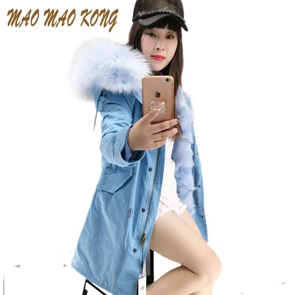 

new fashion woman luxurious raccoon fur collar hooded coat white thick real fur liner parkas long winter jacket, Black