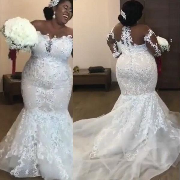 

amazing african mermaid wedding dresses luxury beaded lace appliques long sleeve bridal gowns sheer scoop plus size wedding gowns, White