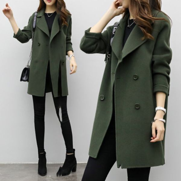 

2018 double-breasted overcoat long sleeve turn-down collar slim fit women army green woolen coats spring windproof warm jacket, Black