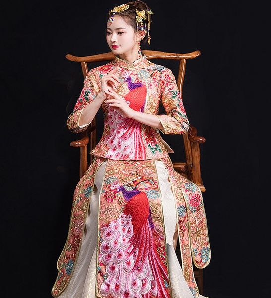 

oriental style peacock gown robe bride wedding chinese cheongsam dress unique traditional costume show suzhou embroidery summer, Red