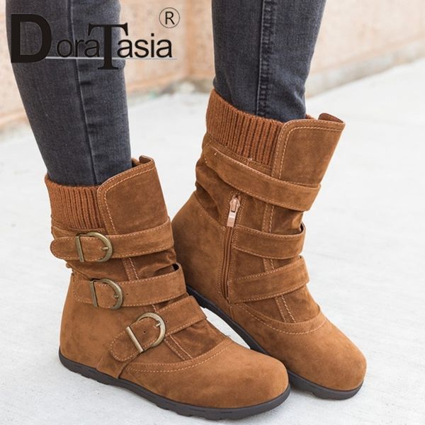 

doratasia 2019 new flat with zip belt buckle round toe shoes woman casual women's winter warm mid calf boots big size 34-43, Black
