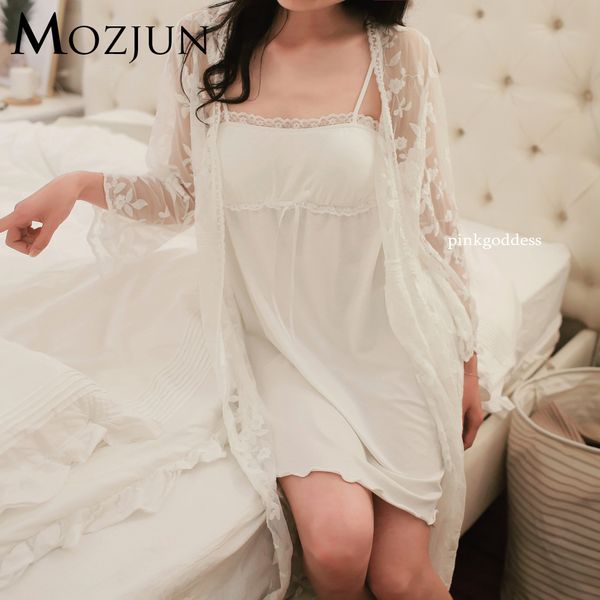 

two piece nightgowns sleepshirts lingerie lace night dress spaghetti strap cotton bath robe lady home dressing #mz96, Black;red