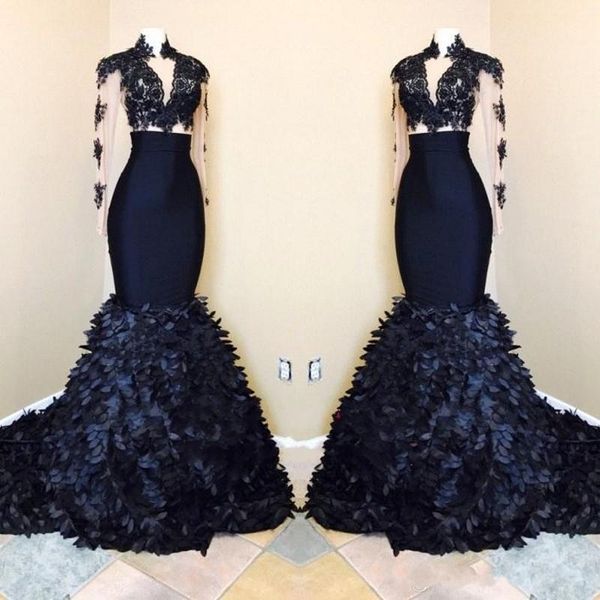 

new arrival navy blue mermaid long sleeves prom dresses 2018 black girls african high neck evening gowns with layers ruffle skirts