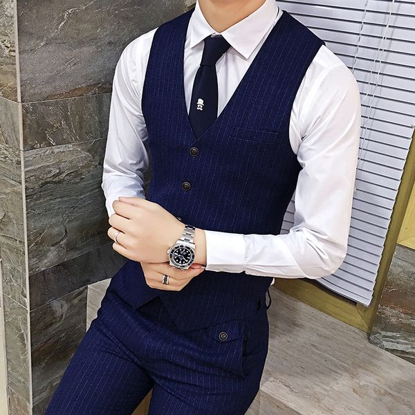 

2018 high-end quality brand men's leisure sleeveless vest, fashion business casual gentleman stripe suit vest ,navy blue s-3xl, Black;white