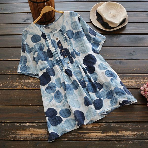 

well selling women vintage plus size 4xl cotton linen short sleeve tunic summer floral printed loose ladies shirts tee, White