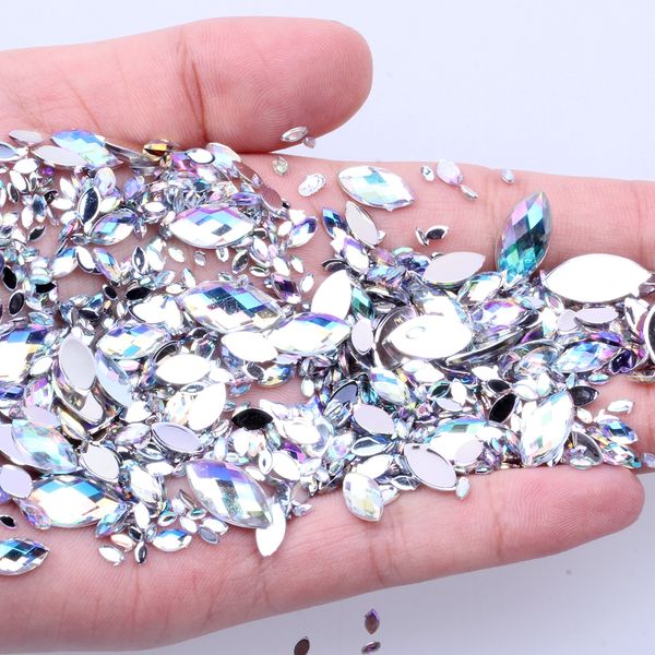 

acrylic rhinestones horse eye shape 7g 600pcs 7 sizes crystal ab flat back nail rhinestone 3d non ix nail art decoration, Silver;gold