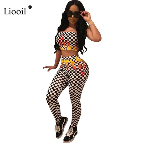 

liooil black and white plaid jumpsuit sleeveless strapless bodycon two piece set women rompers backless club jumpsuits, Black;white